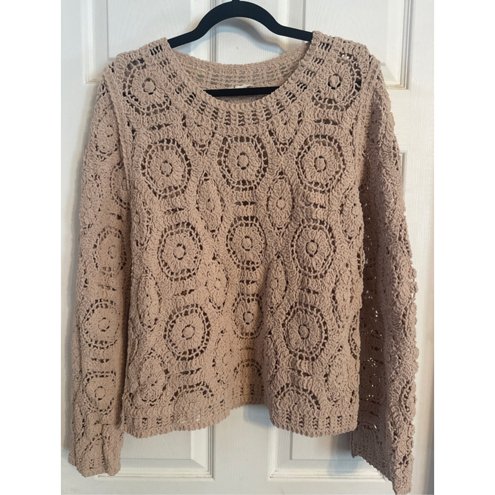 Women's POL Beige Crochet Crew Neck Sweater S